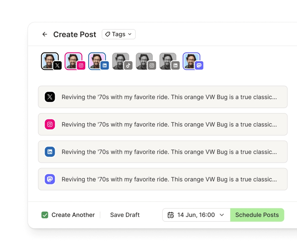 The Buffer Crosspost view with dedicated text editors for multiple social media channels, including X.