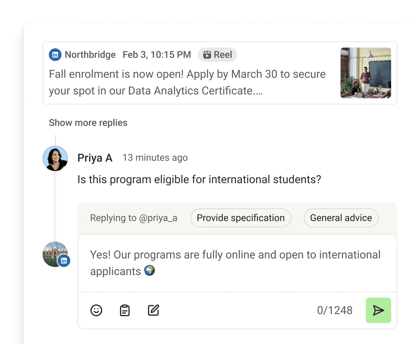 Vista de Comunidad de Buffer con comentarios recientes, respuestas sugeridas y métricas de puntuación de comentarios.