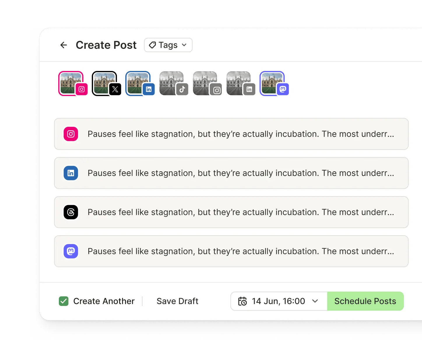 Vista de creación de Buffer con editores de publicaciones para cada red social.