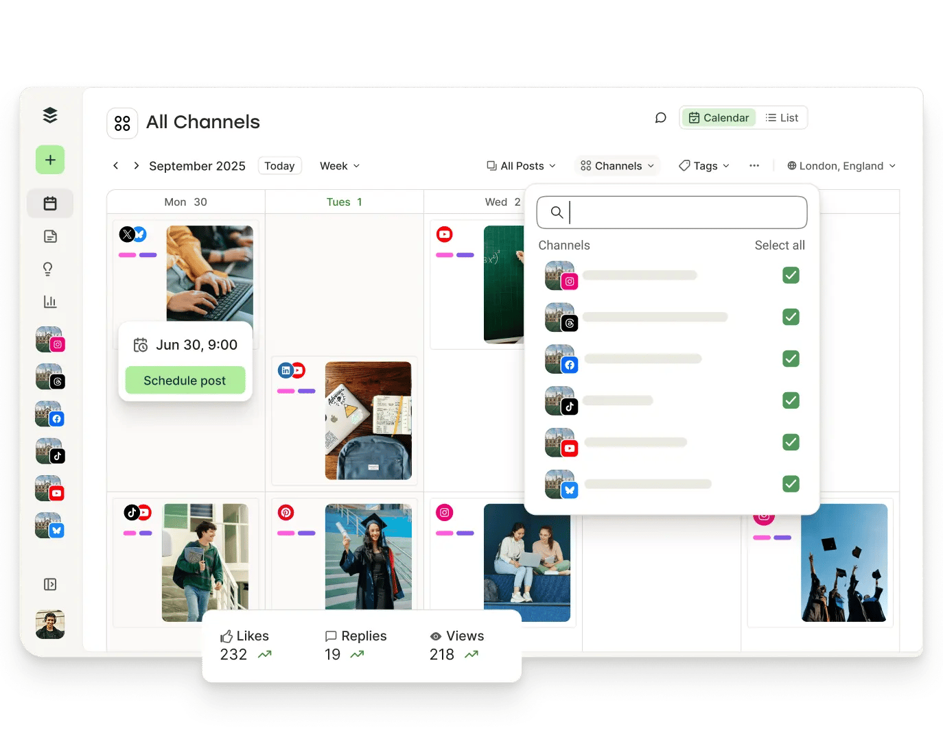Vista del calendario de Buffer con publicaciones programadas y filtros para canales, etiquetas y más.