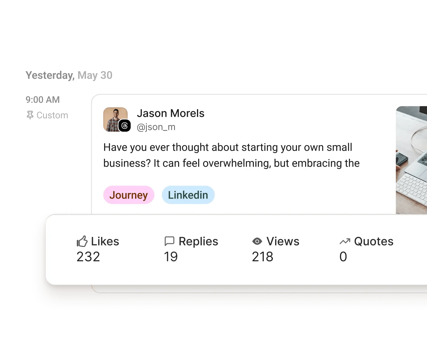Vista de analíticas de Buffer con likes, respuestas, vistas, citas y más para cada publicación.