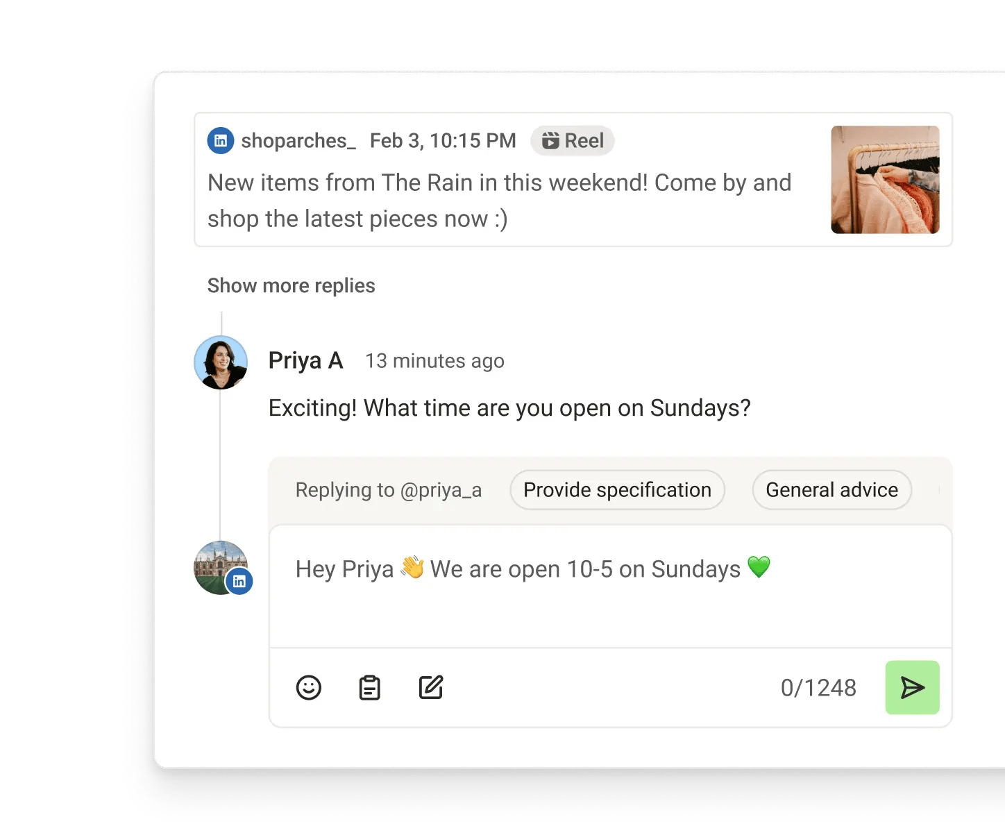 Vista de Comunidad de Buffer con comentarios recientes, respuestas sugeridas y métricas de puntuación de comentarios.