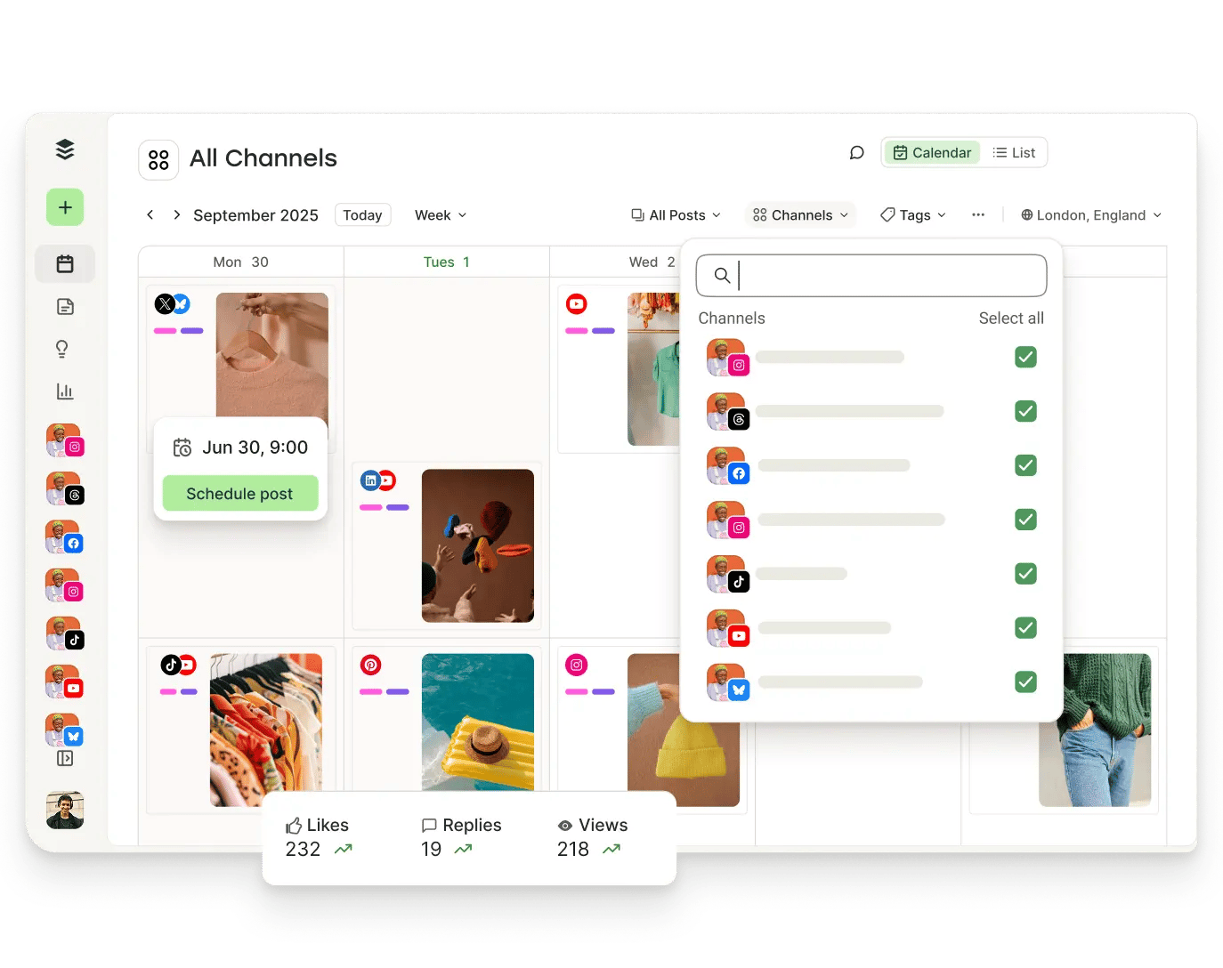Vista del calendario de Buffer con publicaciones programadas y filtros para canales, etiquetas y más.