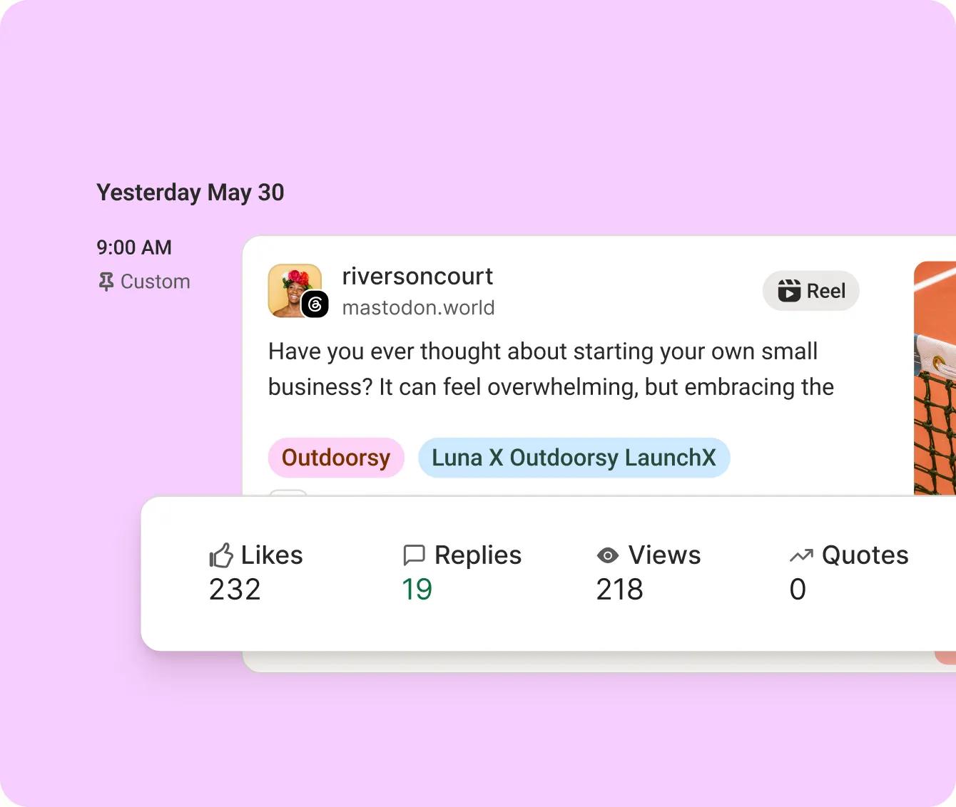 A Buffer post with its analytics showing likes, replies, views, and quotes.