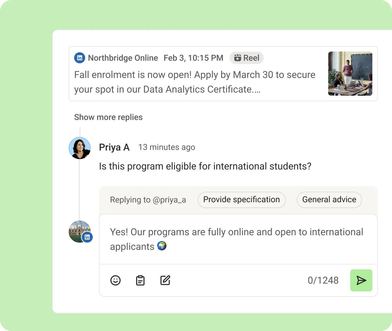 Buffer's engagement inbox replying to a comment on a social post from one place.