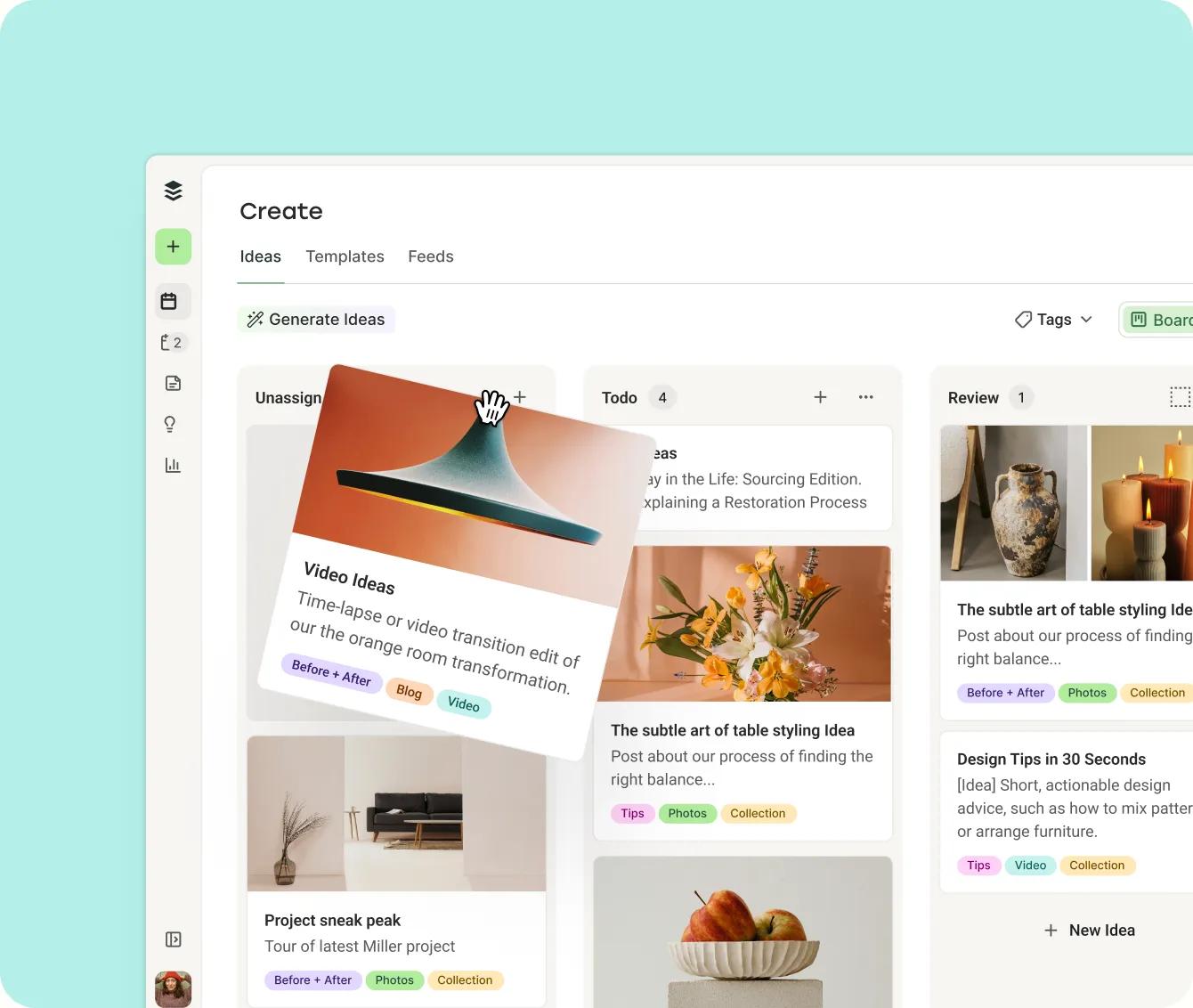 Buffer's Create board organizing content ideas into Unassigned, Todo, Review, and Done columns.