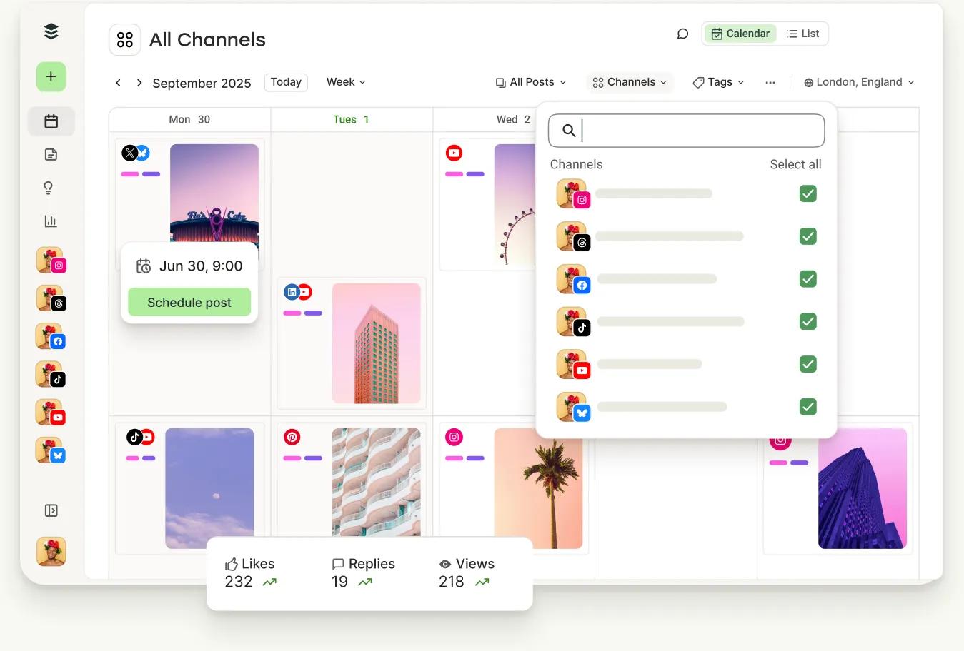 Buffer's All Channels calendar showing scheduled posts across accounts with a post performance popover.