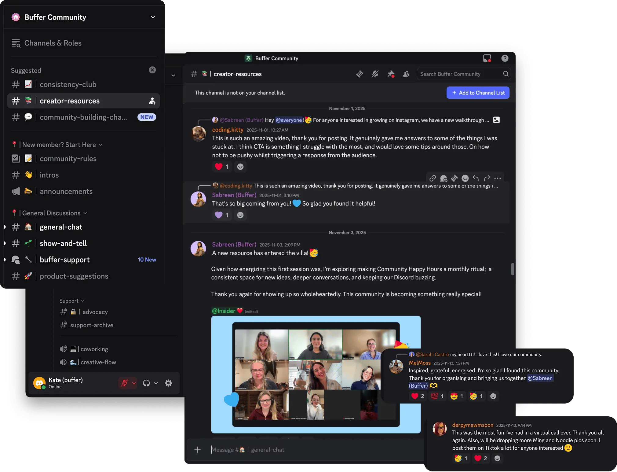 Buffer community Discord with community channels, real conversations, show-and-tell, and live community moments.
