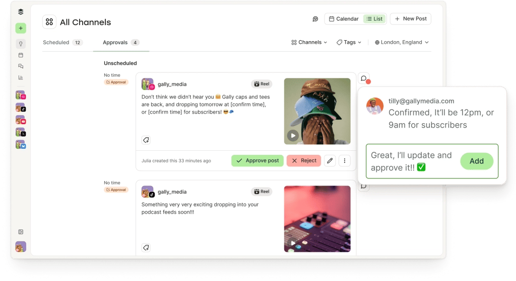 Buffer approval screen with comment threads, add to queue, move to drafts, and edit options.