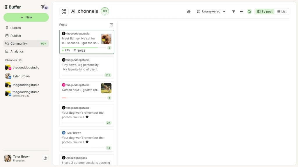 Buffer Community screen with comments by social media channel, comment sorting and filters, and comment score metrics.