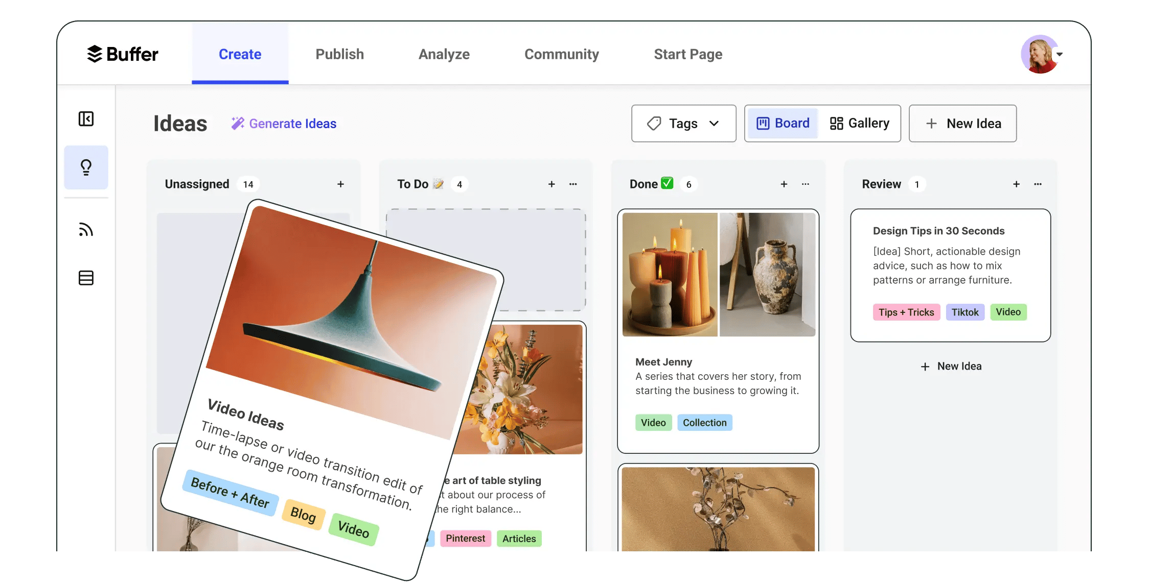 Buffer Create space with an AI assistant to generate post ideas and columns and tags to organize them.