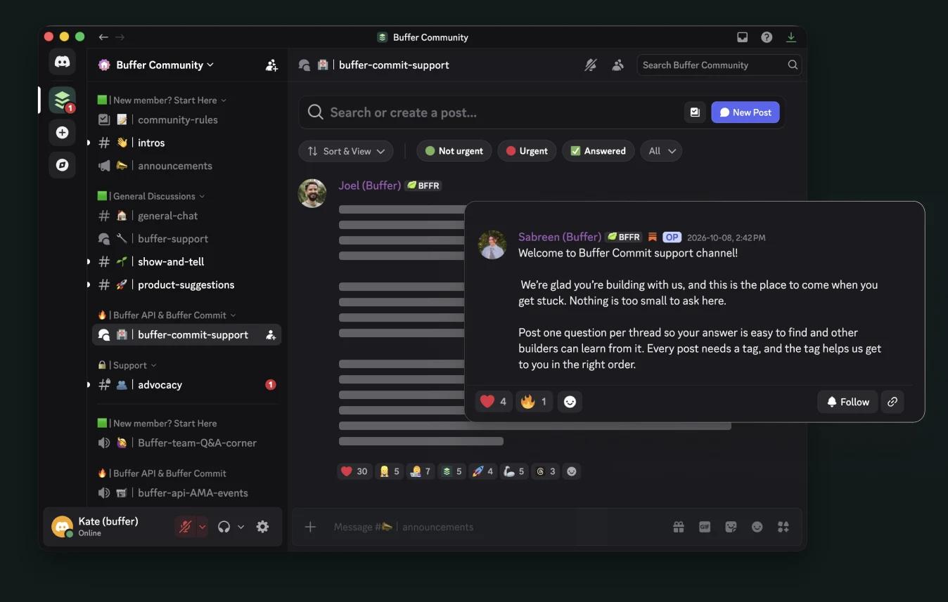 The buffer-commit-support channel in the Buffer Community server on Discord