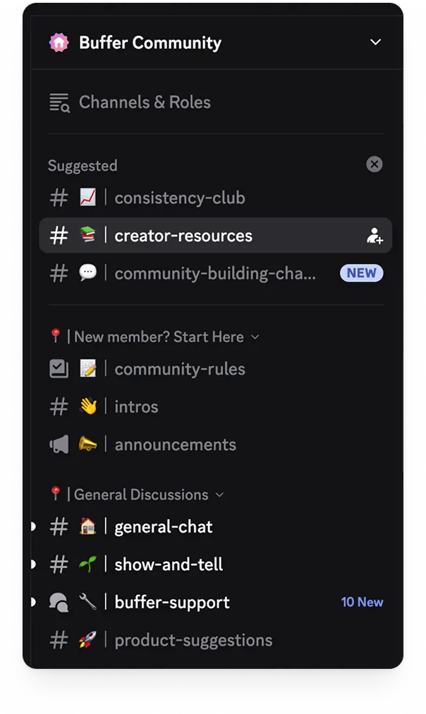Discord channel sidebar with Buffer community channels for posting consistently, sharing creator resources, intros, show-and-tell, support, and more.
