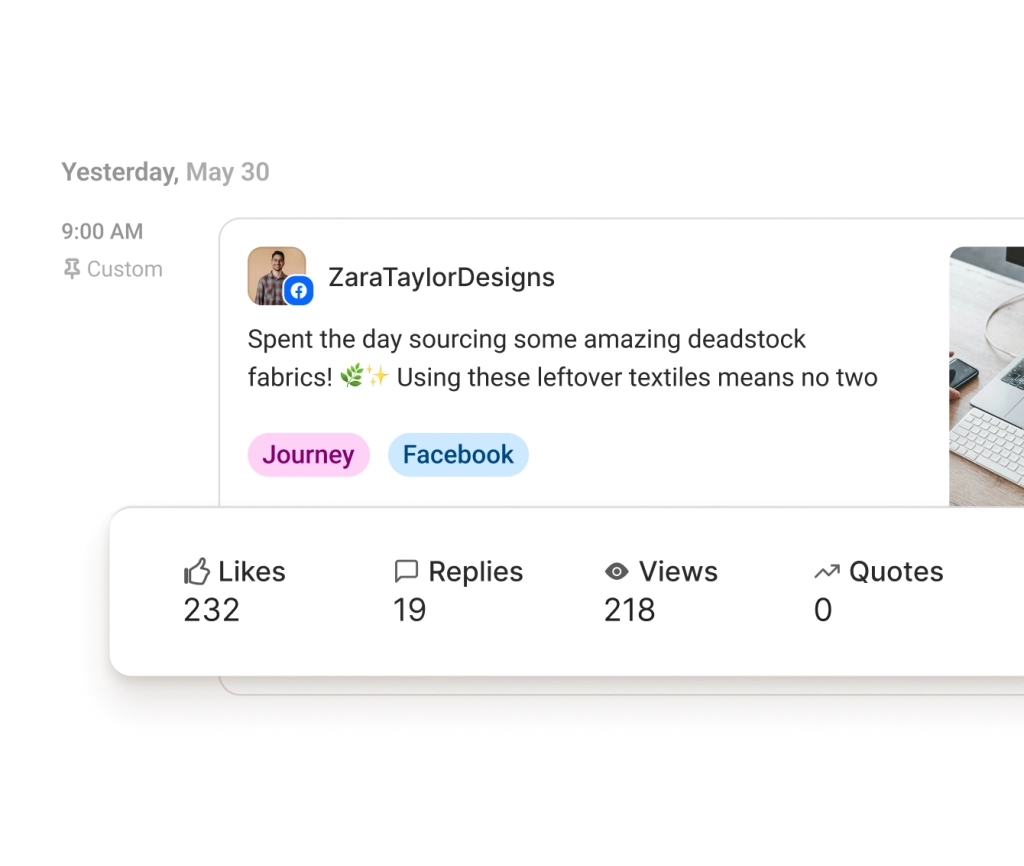 Facebook post surrounded by graphs for followers, engagement rate, and recommended best day to post, best type of post, and best frequency to post.