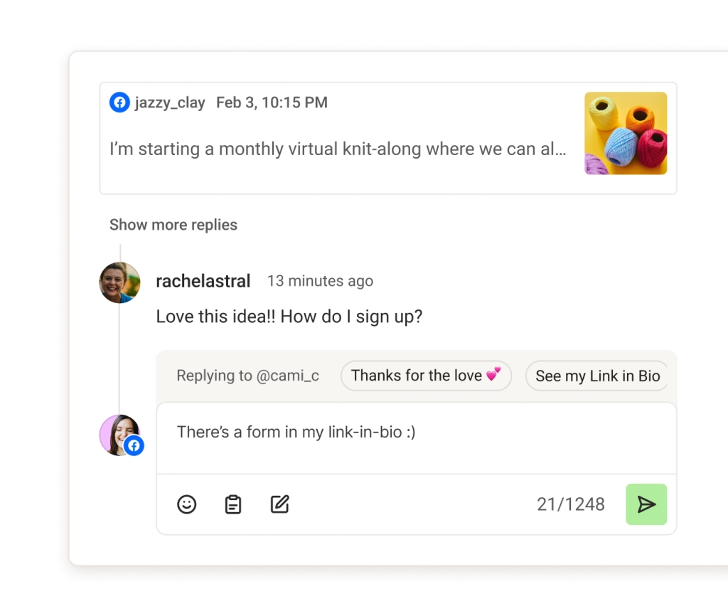 Buffer Community comment reply screen with create post from my reply option.