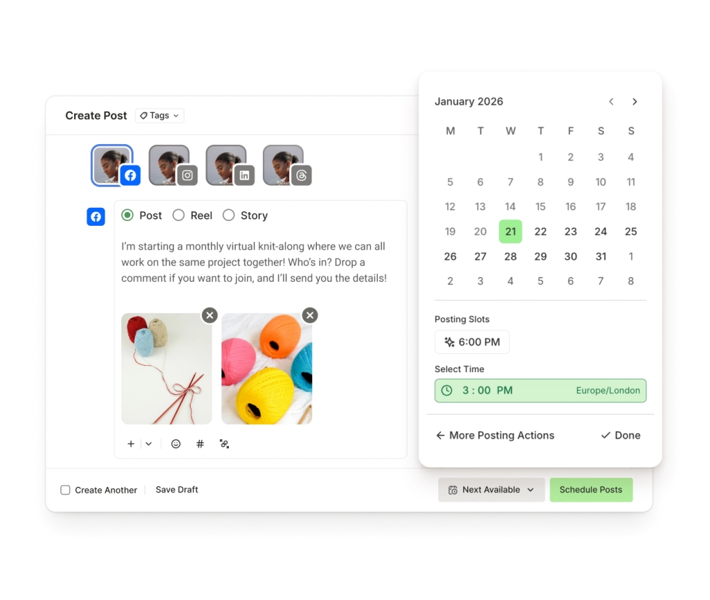 Outil de publication Facebook de Buffer avec éditeur de texte, images jointes et options de programmation.