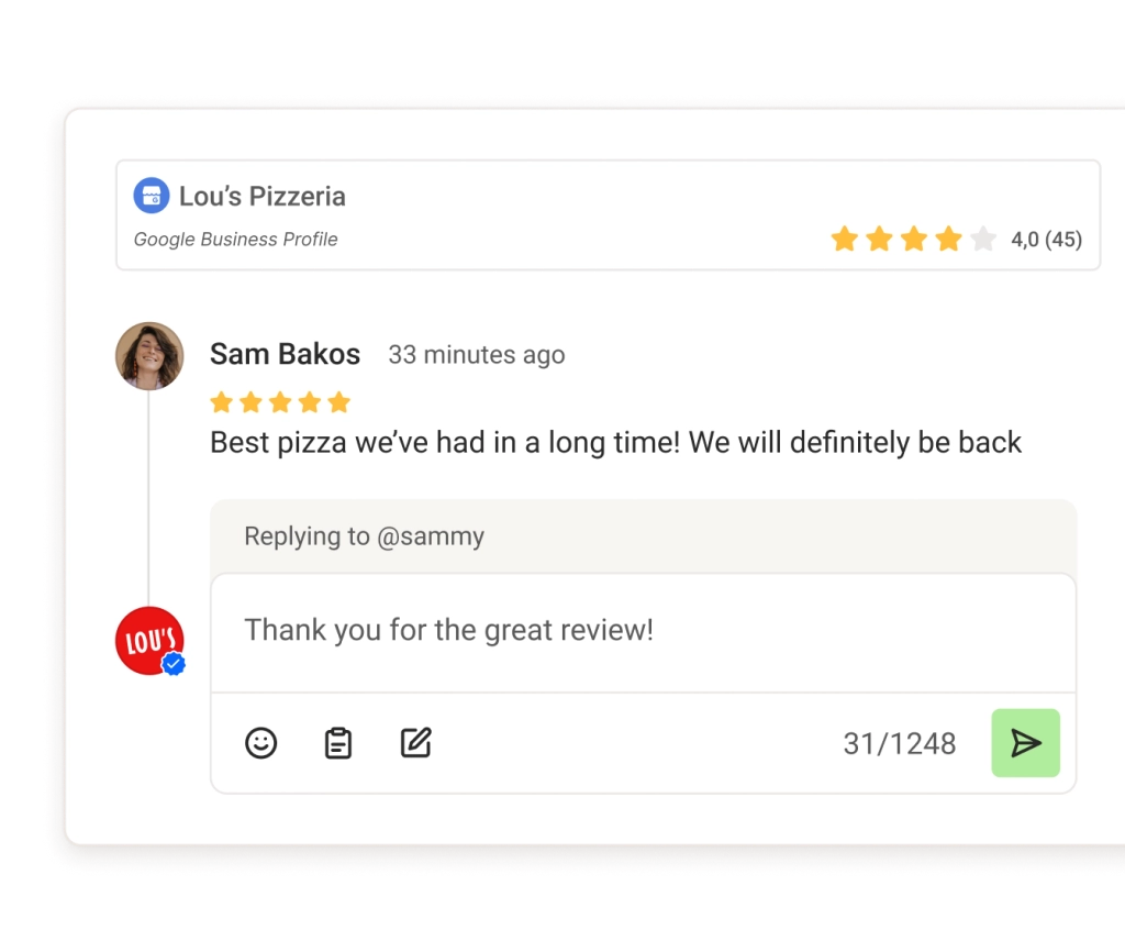 A comment thread from Google Business within Community, with AI suggestions and a text field for replying.
