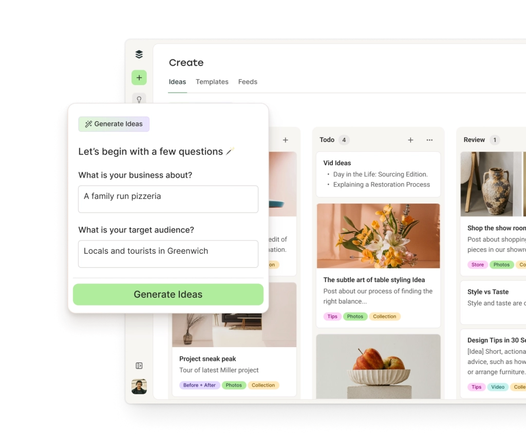 Buffer AI Assistant with a text editor, image attachments, and scheduling options.
