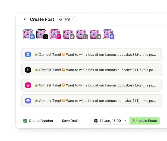 Buffer crosspost view with several social media channels and dedicated text editors per channel.