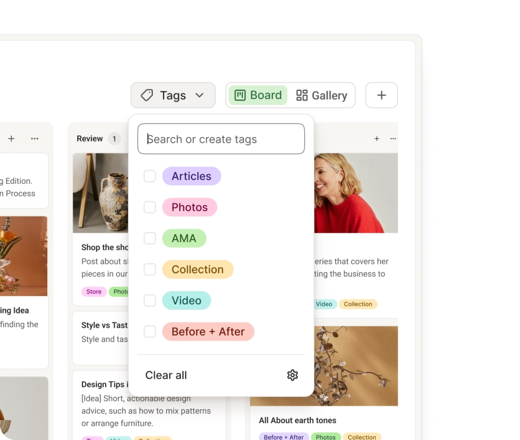 Buffer Create space with a board view for organizing content ideas.