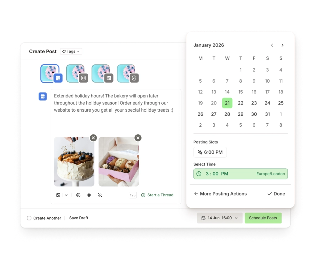 Buffer calendar view with a drag and drop interface for scheduling What's New, Offer, and Event Type posts.