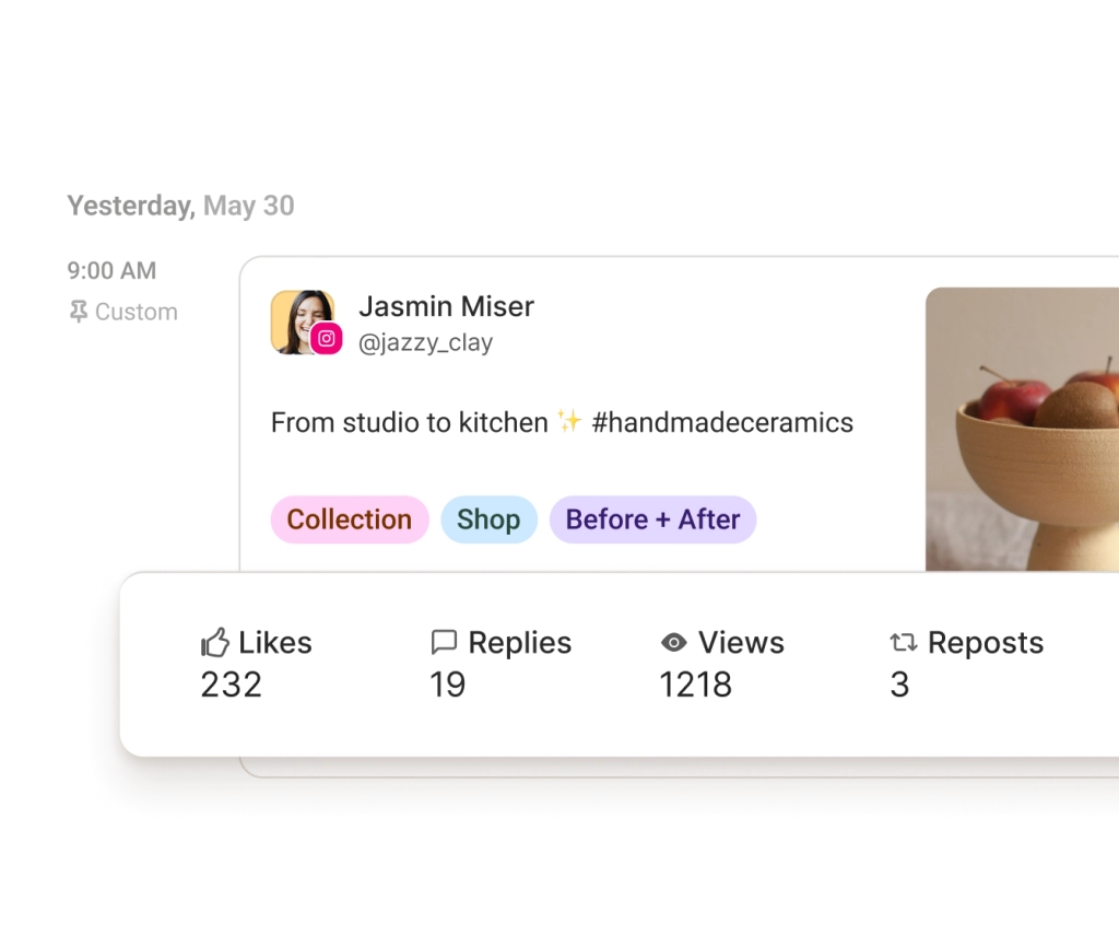 Publication Instagram entourée de graphiques flottants pour le taux d’engagement, les abonné·es, ainsi que les recommandations sur le meilleur jour, le meilleur type et la meilleure fréquence de publication.