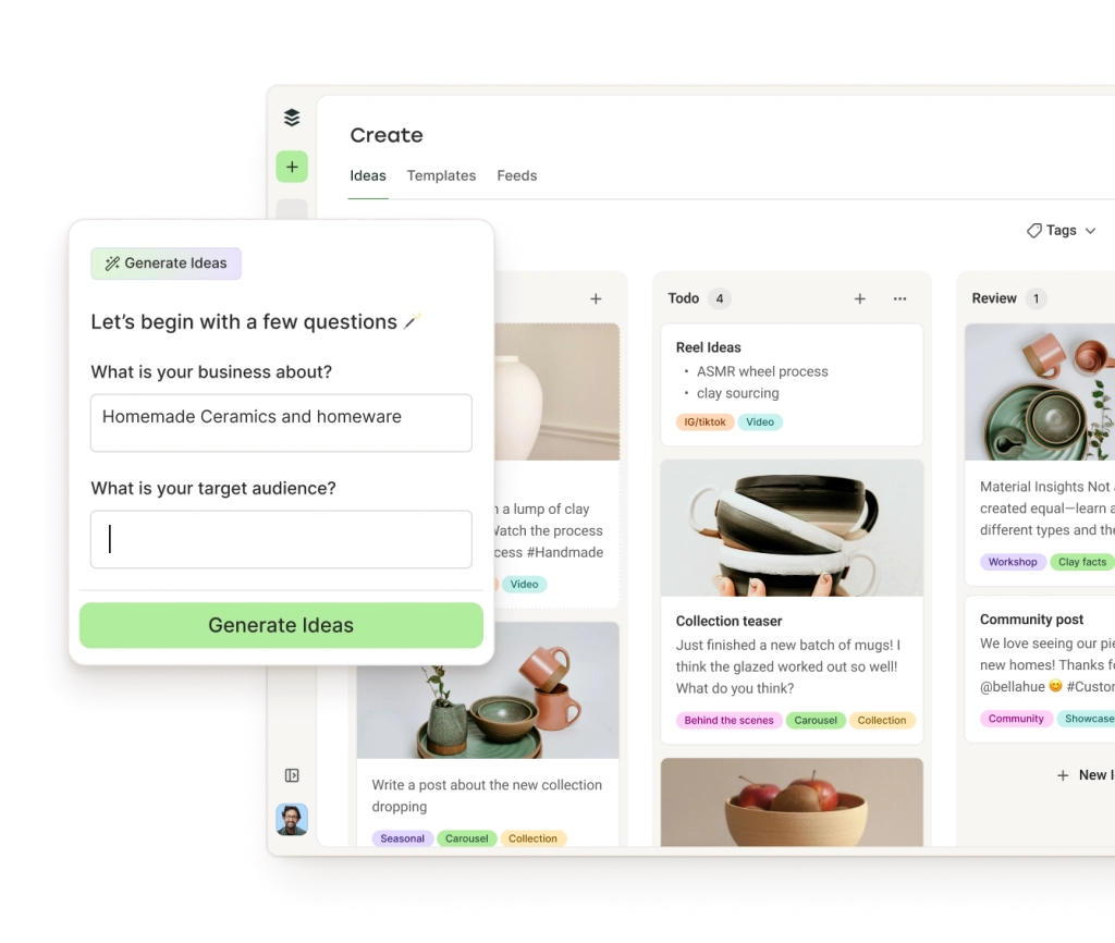 Buffer Instagram Create space with ideas in columns by category and an AI assistant to generate ideas.