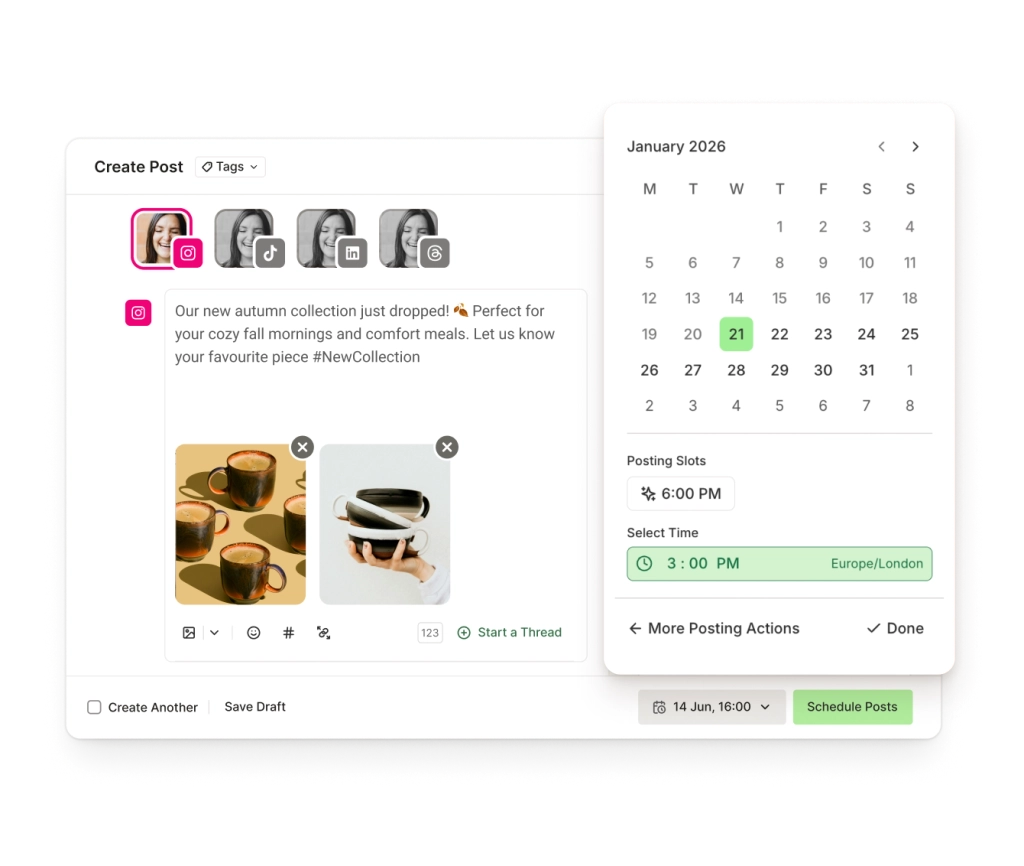 Buffer Instagram editor with a text editor, image attachments, and scheduling options.
