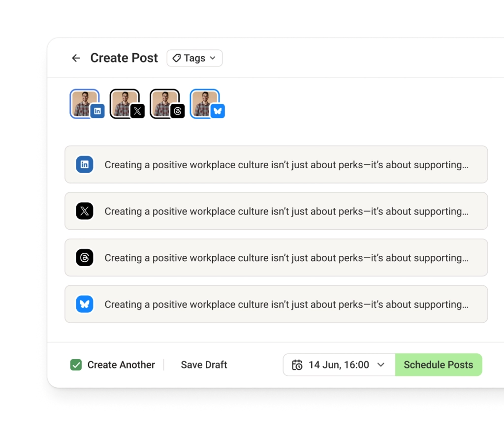 A create LinkedIn post screen with options to crosspost to other social media channels by adding them to a posting queue.