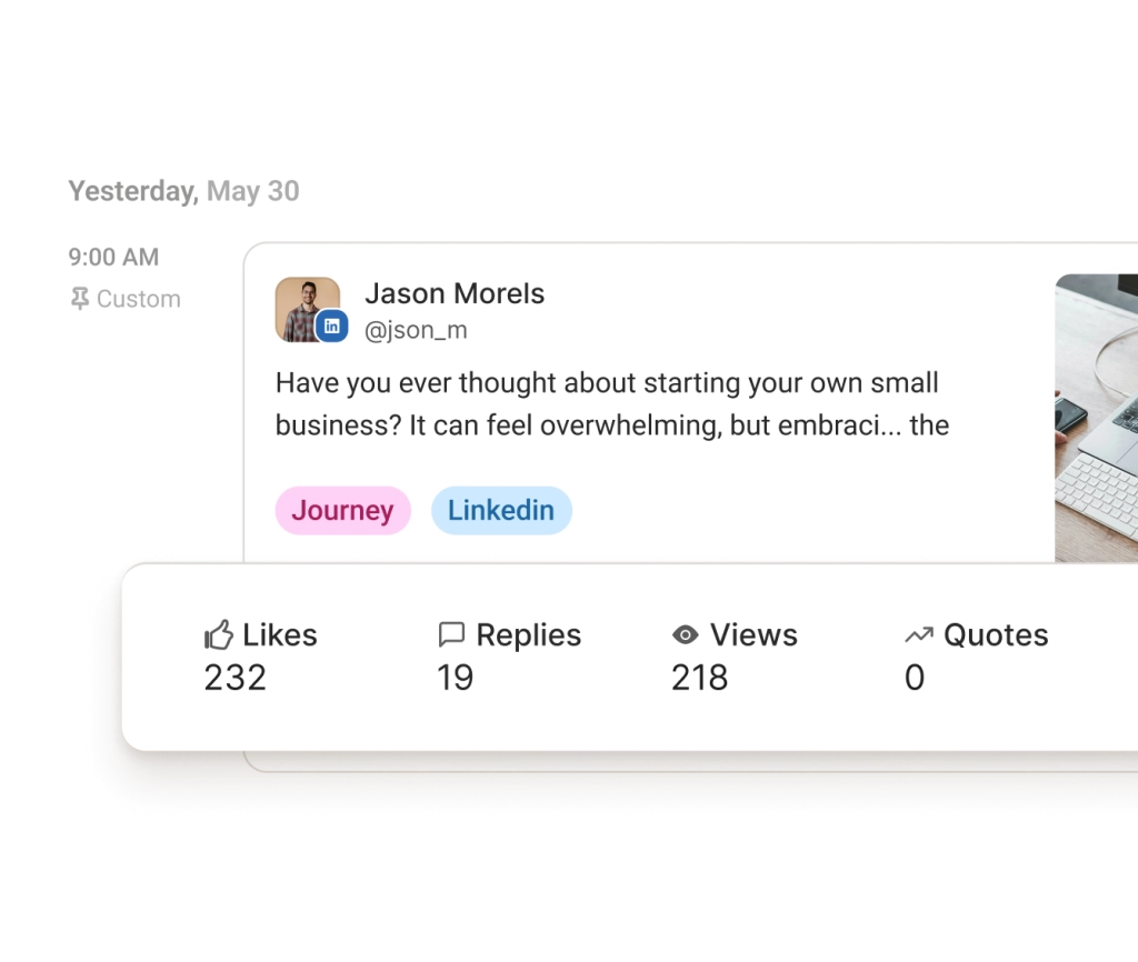 A LinkedIn analytics screen in Buffer with performance data for followers, impressions, clicks, and engagement.