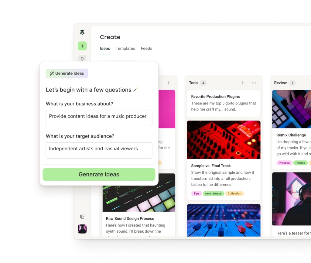 L’espace Create de Buffer avec des idées de publications Mastodon classées en colonnes par catégorie, et un assistant IA pour générer des idées.