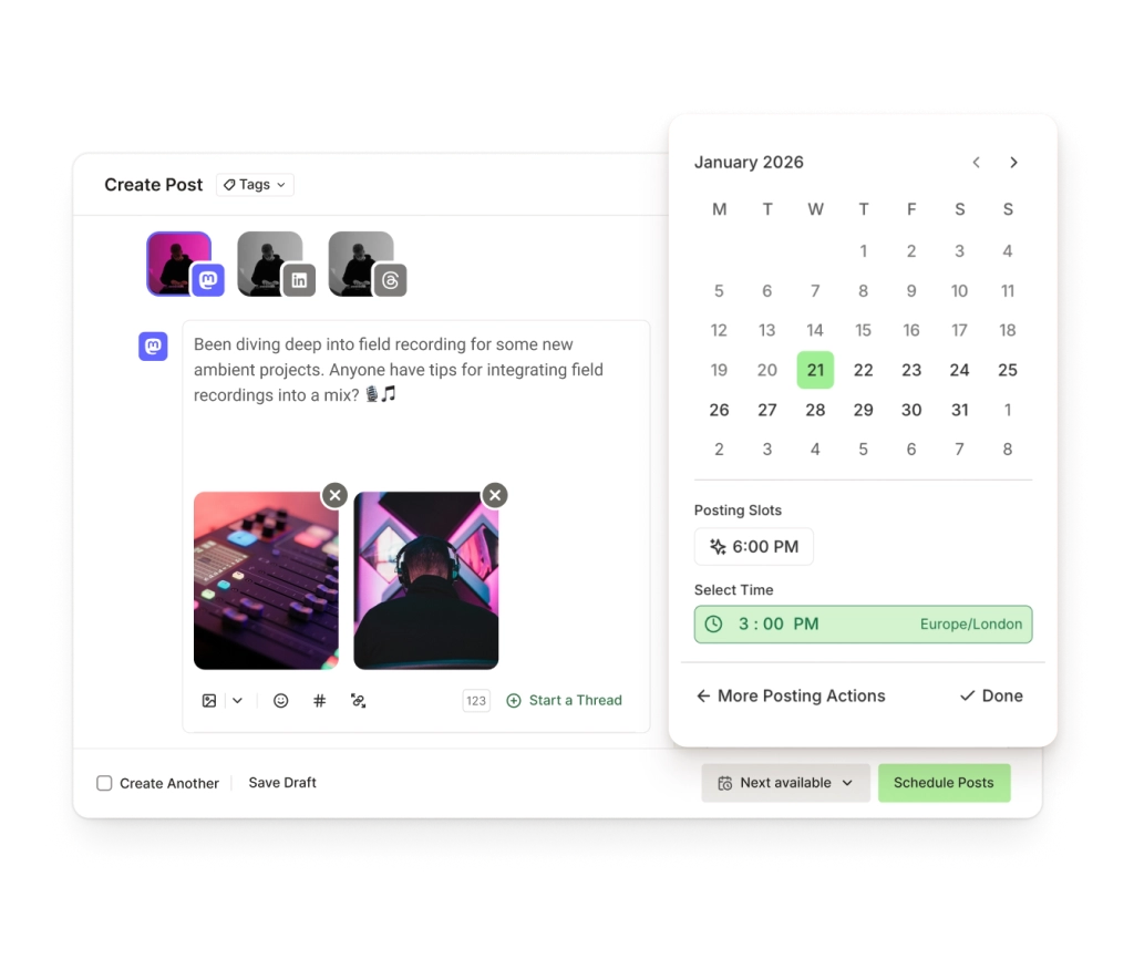 L’éditeur de publications Mastodon de Buffer, avec un éditeur de texte, des pièces jointes images et des options de programmation.