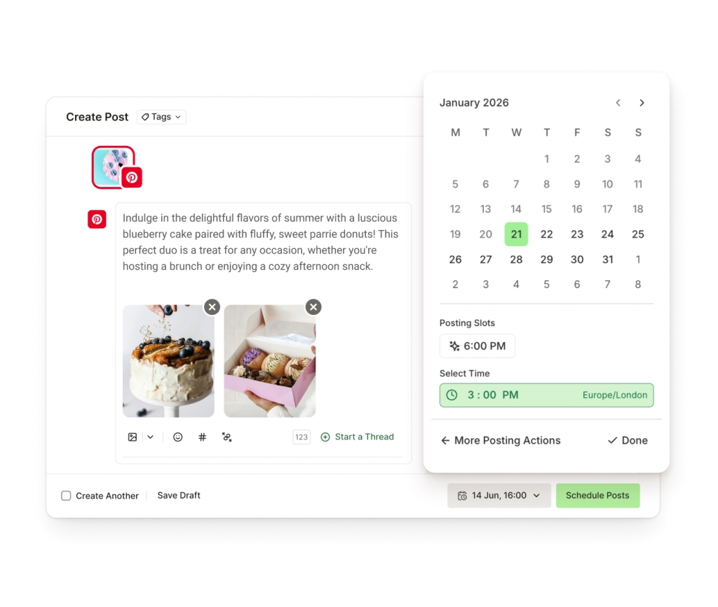 The Buffer Create view for Pinterest with a rich text editor, image attachment, and post scheduling controls.