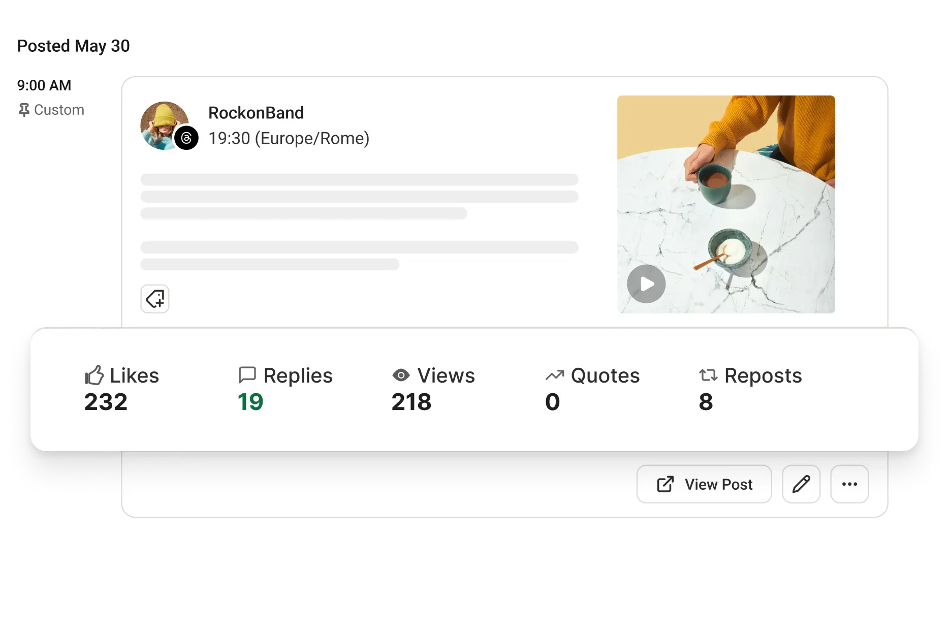 Buffer Threads analytics with likes, replies, views, quotes, and reposts.