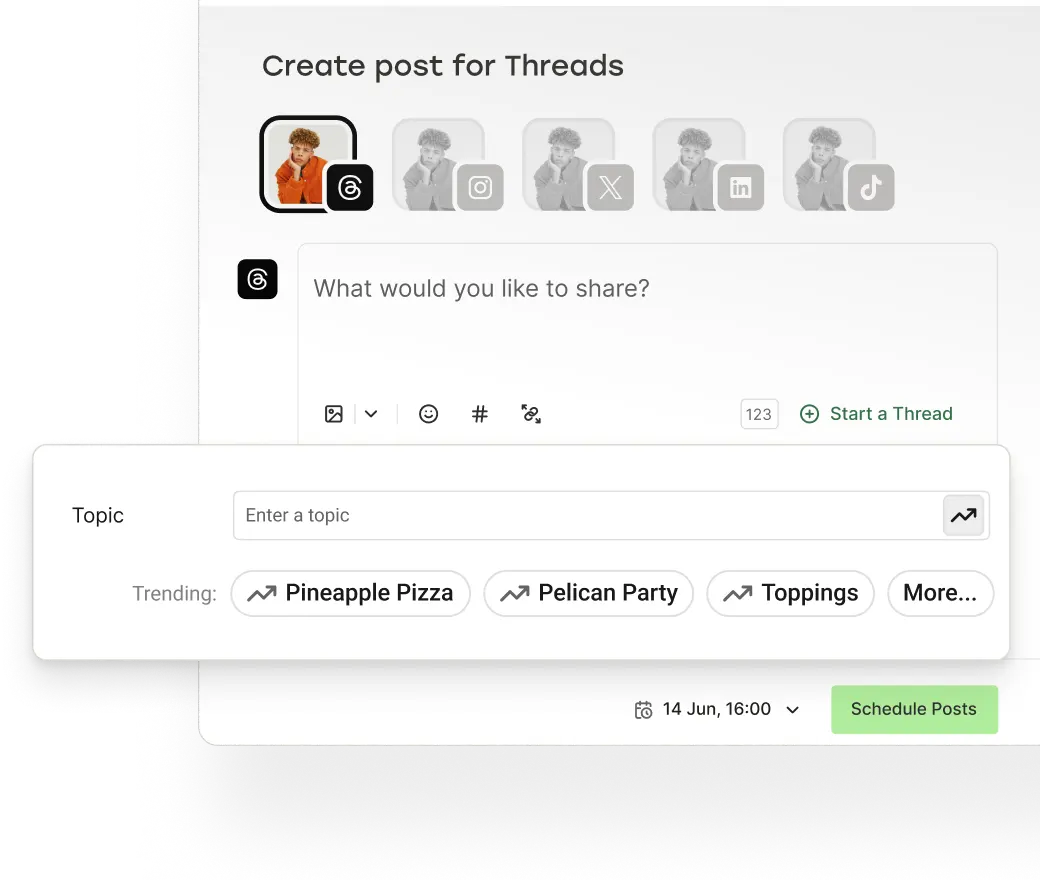 Buffer create post view with trending Threads topics.