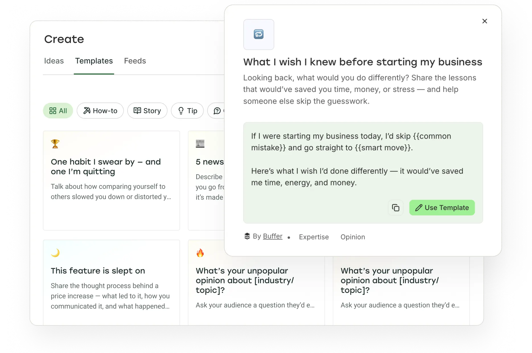 Buffer create post view with Threads trending topics to inspire a new post.