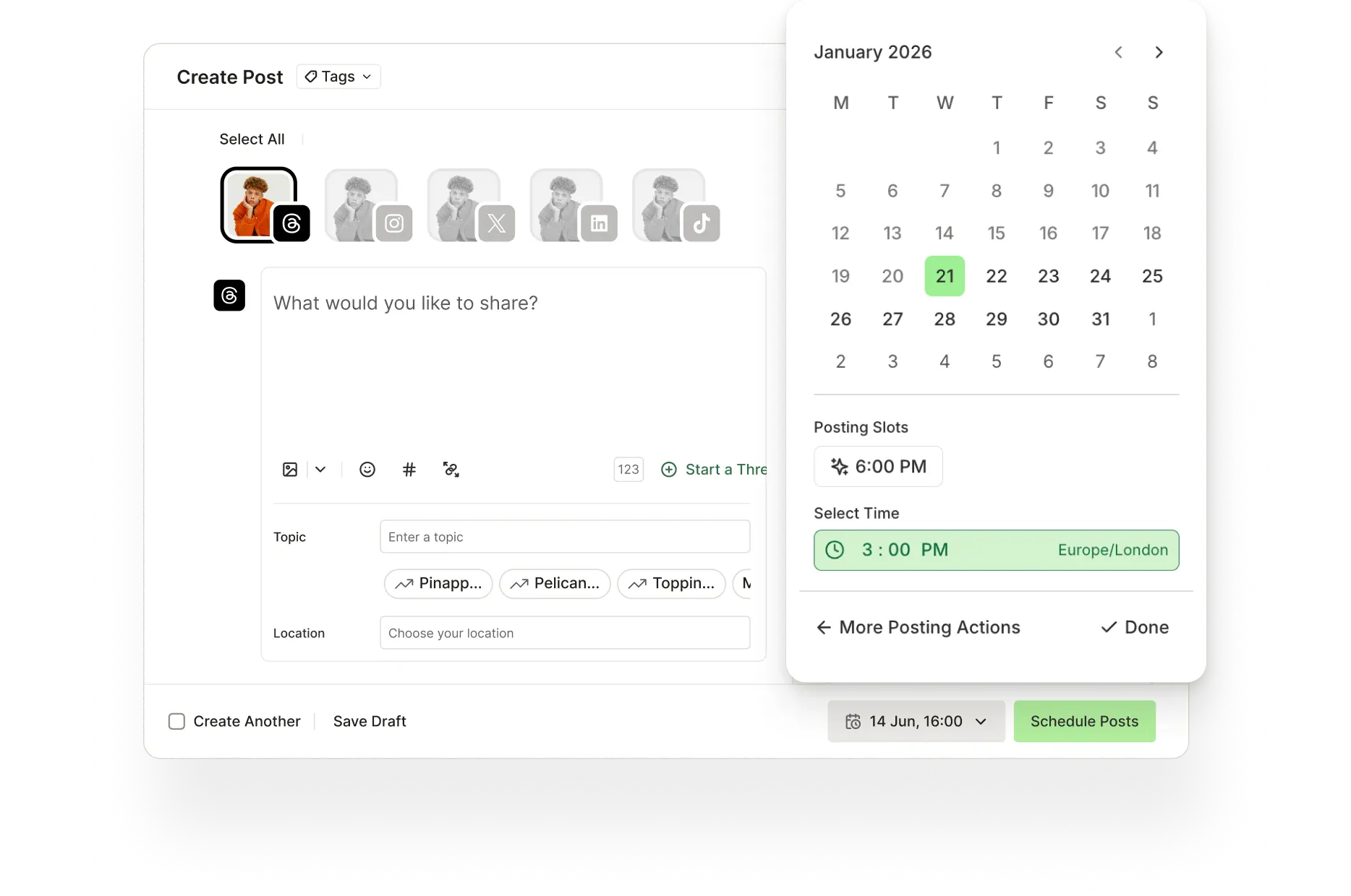 Buffer create post view with Threads scheduling options for time and posting slots.