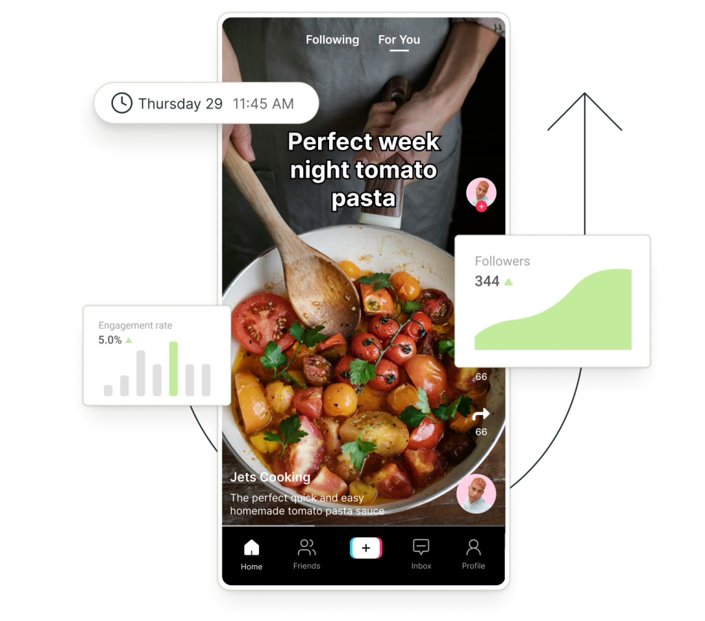 A post on TikTok surrounded by floating graphs for followers and engagement rate.