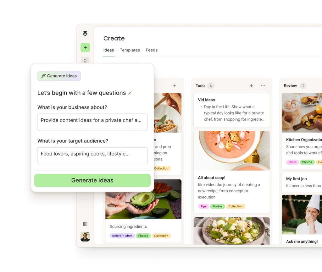 The Buffer Create space with kanban columns for posts by category and an AI Assistant for generating ideas.