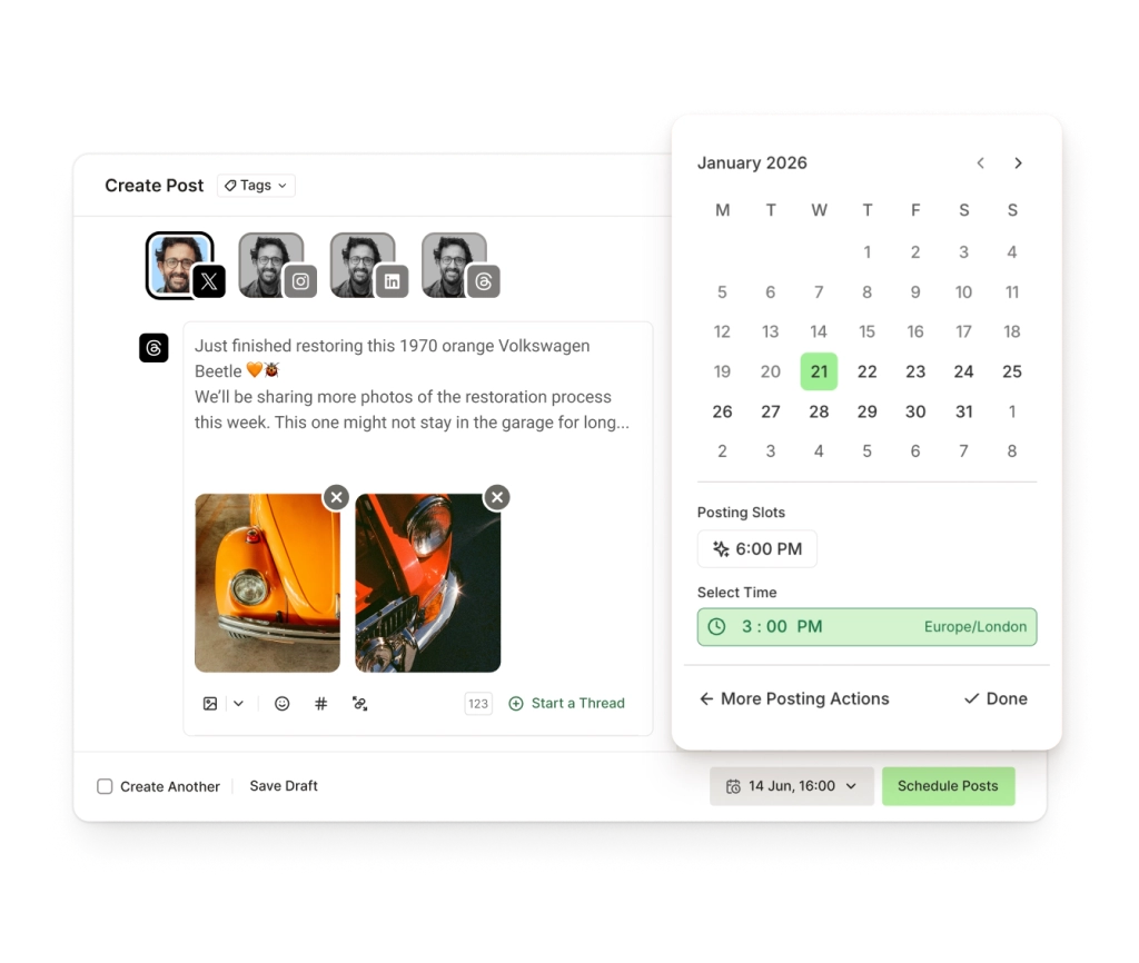 The Buffer Create view for X with crosspost channels, a rich text editor, image attachment, and post scheduling controls.