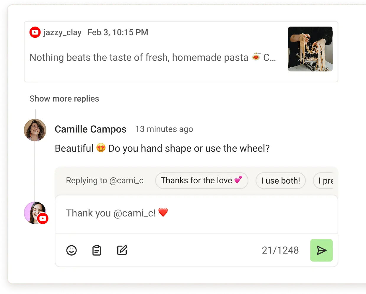 Buffer Community comment reply screen with create post from my reply option.