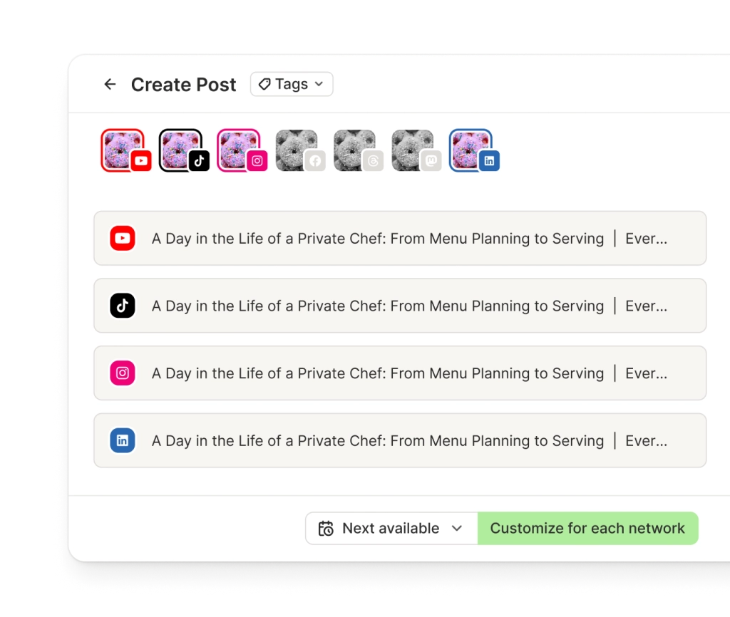 Vista crosspost di Buffer con diversi canali social e editor di testo dedicati per ogni canale.