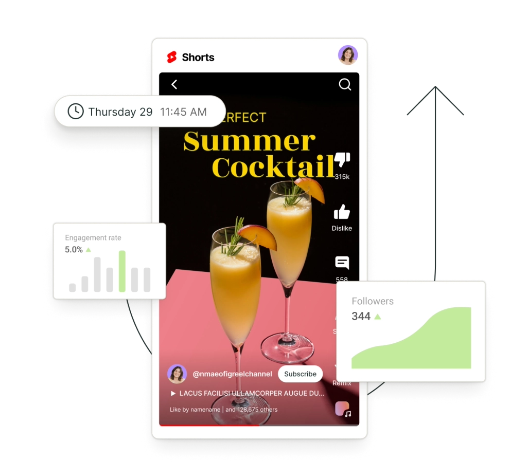 A post on YouTube Shorts surrounded by floating graphs for followers and engagement rate.