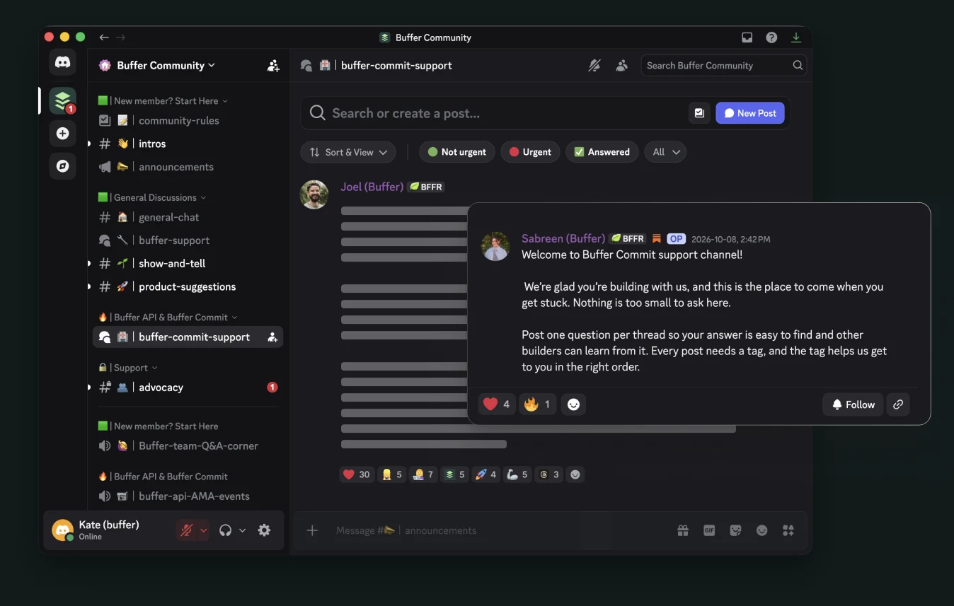 The buffer-commit-support channel in the Buffer Community server on Discord