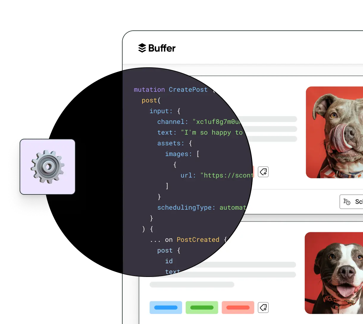 Publicaciones programadas en Buffer junto con un fragmento de código de la API para desarrolladores.