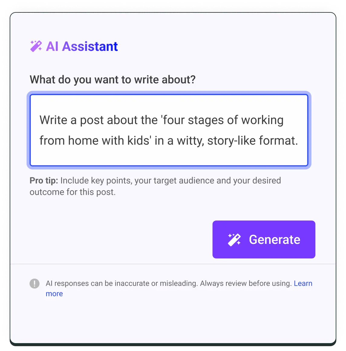 Generador de publicaciones para redes sociales de Buffer AI Assistant con un compositor de texto y consejos para los prompts.