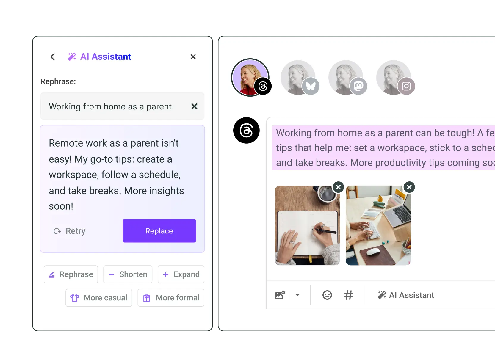 Generador de publicaciones para redes sociales de Buffer AI Assistant con opciones para generar, reformular, acortar, ampliar o ajustar con un tono más casual o más formal.