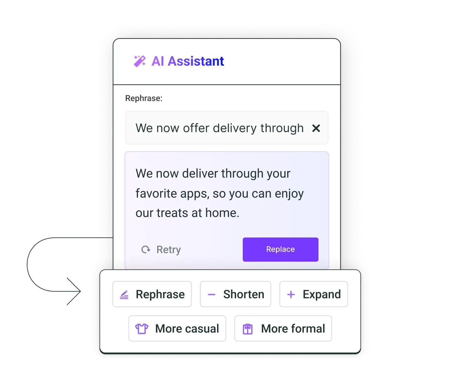 Buffer AI Assistant social media post generator with options to rephrase, shorten, expand, or refine with a more casual or more formal tone.