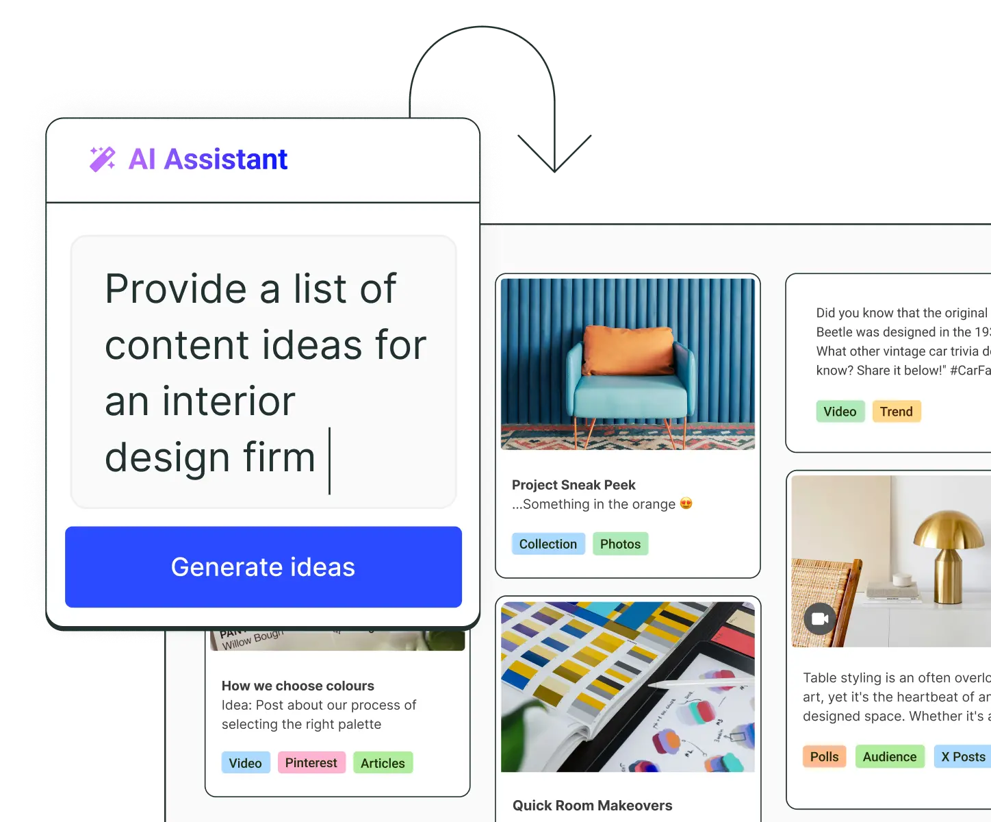 Buffer idea board with an AI Assistant to generate new post ideas.