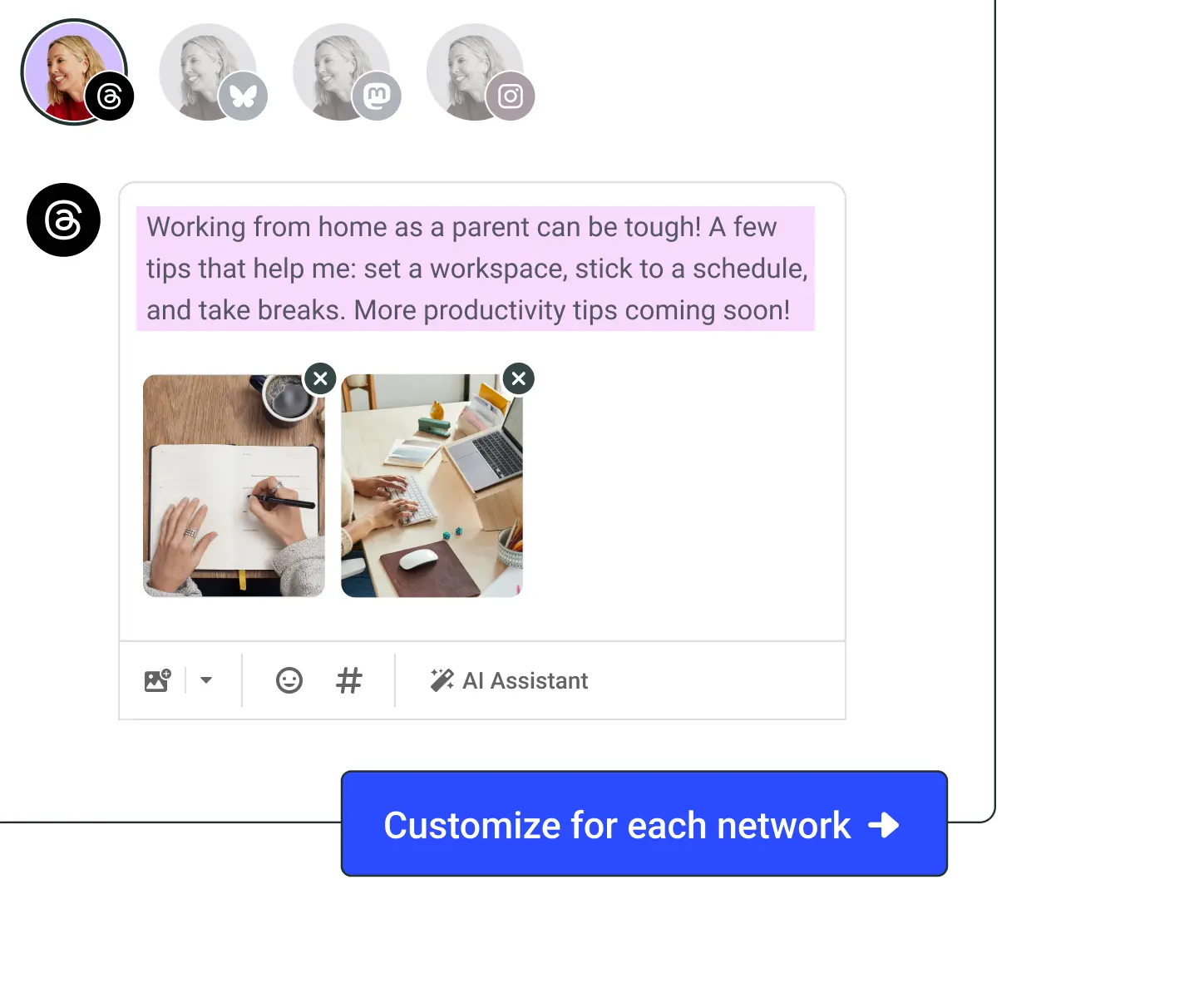 Compositor de publicaciones de Buffer con una opción de AI Assistant para personalizar la publicación para cada red social.